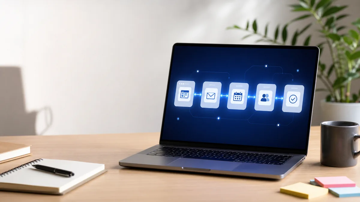 A laptop on a desk showing connected workflow cards for website leads, inbox, calendar, CRM, and follow-up automation.
